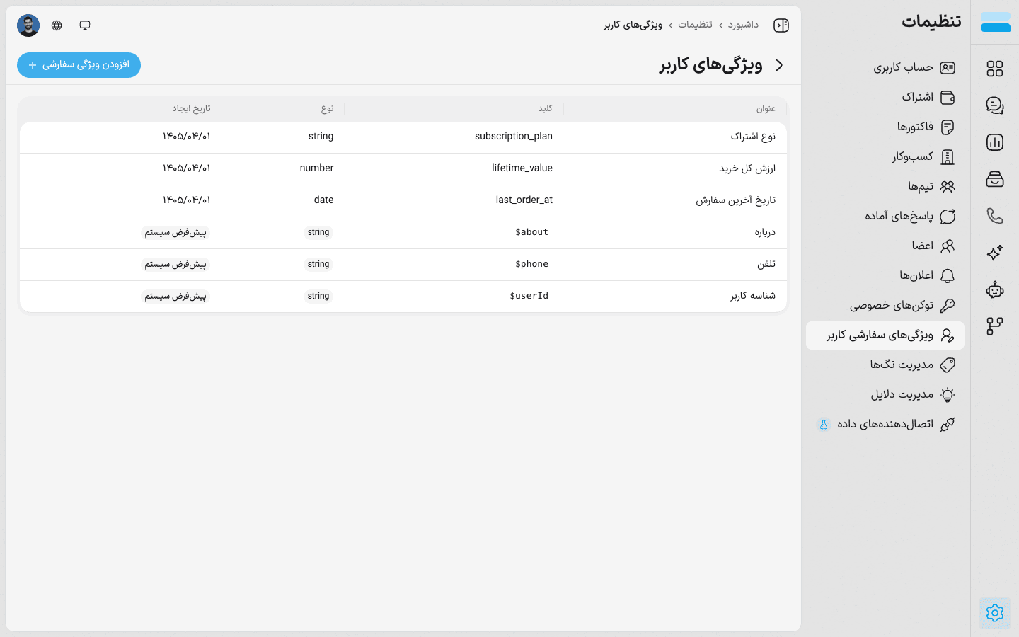 صفحه ویژگیها